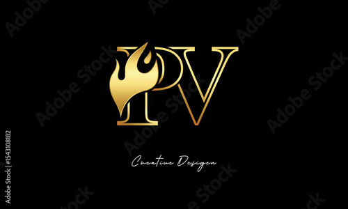 PV Flame Logo – Elegant Gold Monogram Letter mark with Fire Symbol for Luxury Branding, Energy Identity & Creative Logo Design