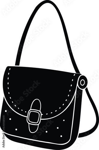 Stylized black and white illustration of a shoulder bag with flap closure