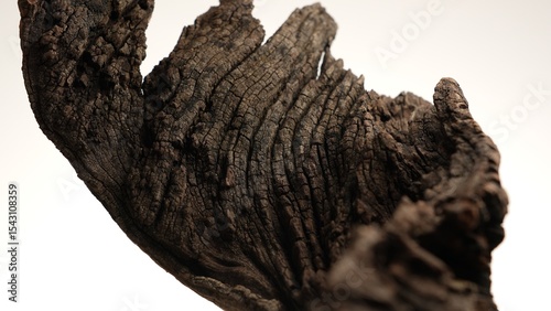 Twisted tree bark fragment under soft light on clean white studio background