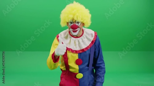 Happy clown show thumbs up while walking on a Green Screen, Chroma Key. 