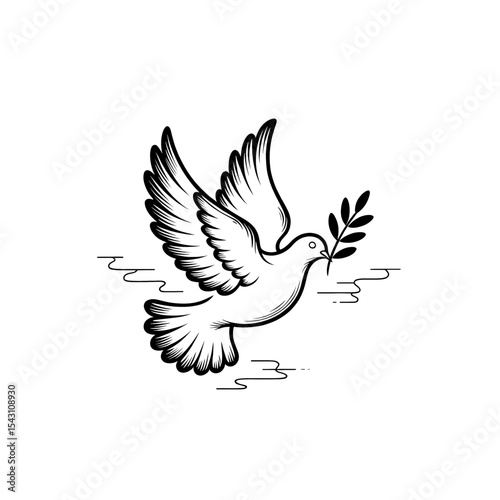 Dove carrying an olive branch symbolizes peace and hope in a simple black and white design