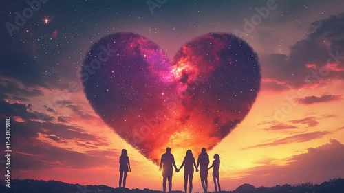 Family holding a cosmic heart at sunset