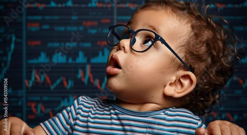Toddler glasses finance investment displays light skin and curly hair with astonished expression in front of a stock market data screen