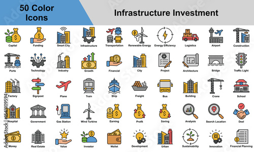 Infrastructure Investment Icon Set Collection. Containing Factory, Signpost, Plane, Train, Ship, Freight, Bus, Building, Crane, School, Hospital, Government. Simple Color Vector Illustration.