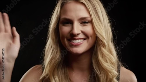 Slow motion of attractive blond woman waving hand smiling on dark background greeting welcoming people. Gestures, communication and friendly people concept. 