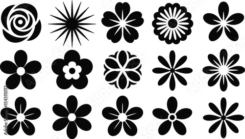 Collection of fifteen different black and white flower vector shapes