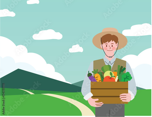 Farmer Holding a Crate of Freshly Harvested Vegetables