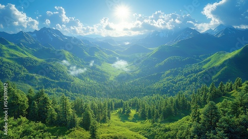 Lush green mountain range under a vibrant blue sky.