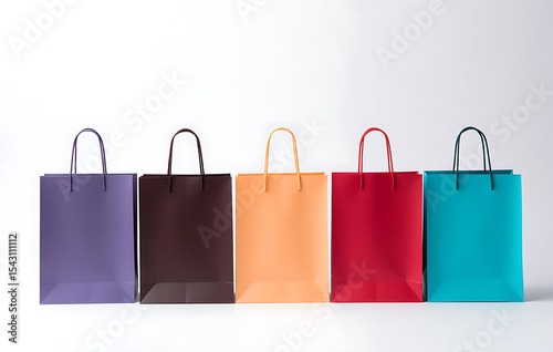 Colorful Shopping Bags: A row of vibrant shopping bags in an array of bright colors with sturdy handles. showcasing the appeal of retail therapy and the joy of shopping.