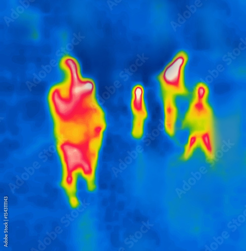 Street traffic. Pedestrians. Image thermal imager device.