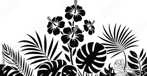 Black and white tropical floral arrangement with hibiscus and leaves
