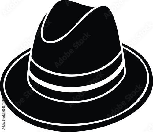 Stylized Black Fedora Hat with White Stripe Silhouette on White Background