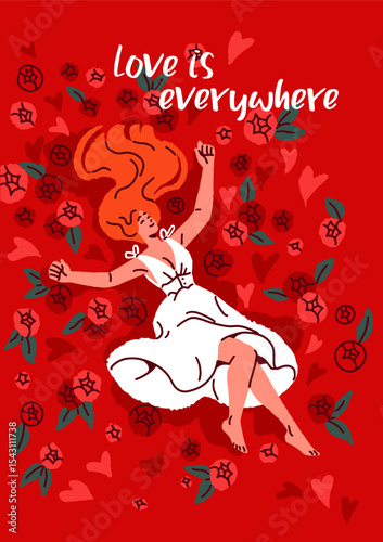 Design of Valentine day greeting card. Template of 14 February postcard. Layout of romantic gift with cute beloved girl lying among rose flowers. Self love and acceptance. Flat vector illustration