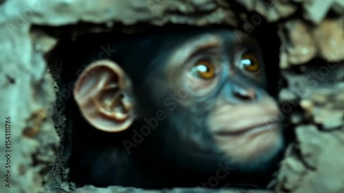 A curious chimpanzee peering through a weathered brick wall, surrounded by nature's beauty