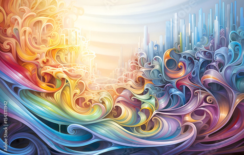 vibrant display of colors, dancing and weaving together, in a digitally rendered artwork. Bursting with energy and abstract beauty.