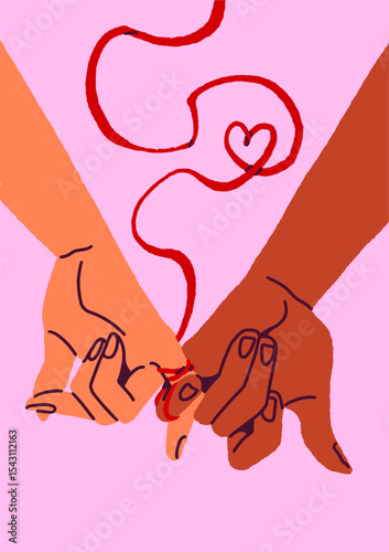 Design of Valentine day postcard with hands holding, love each other. Template of 14 February greeting card with couple is closely related, tied fingers with ribbon together. Flat vector illustration