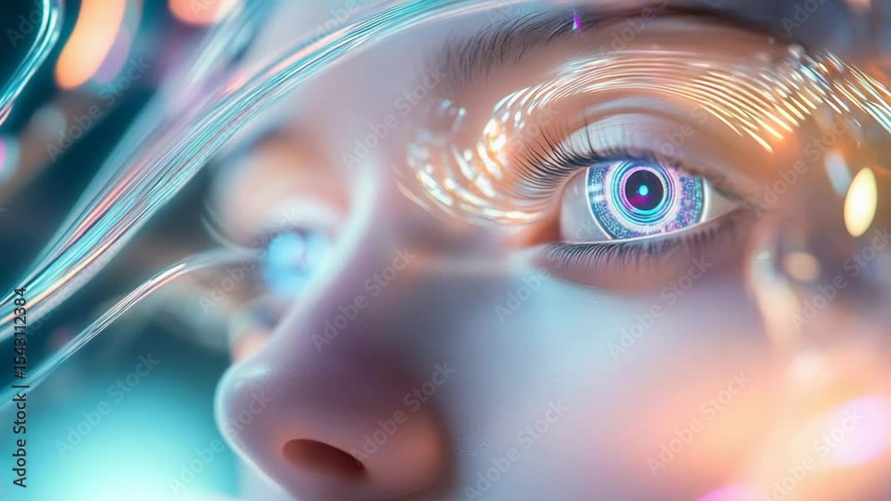Futuristic vision: close-up of eye with digital elements and vibrant light effects