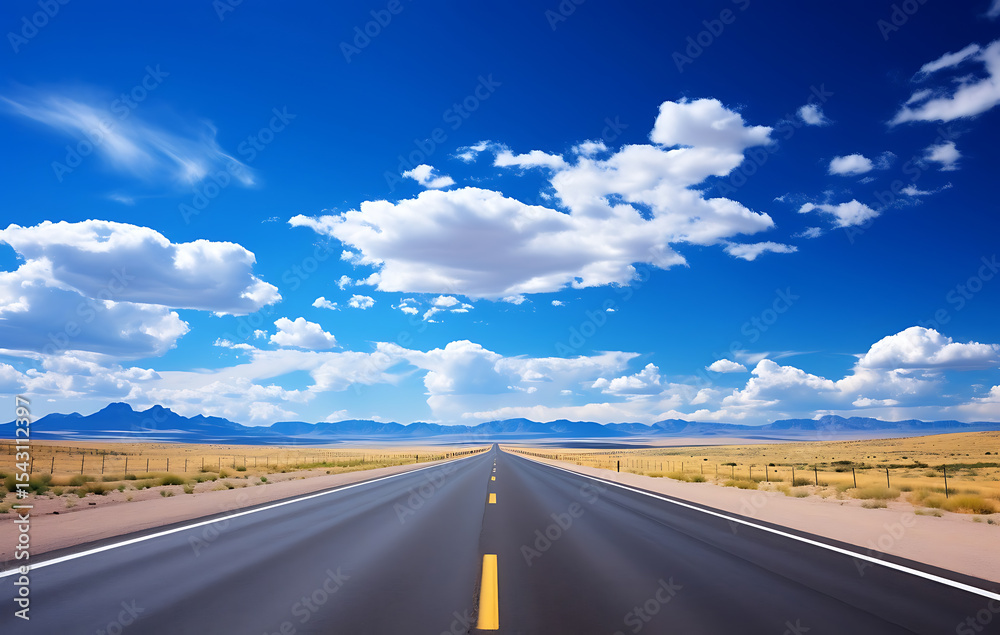 Naklejka premium Road to the horizon: An expansive, clear sky filled with fluffy clouds hangs above a straight road disappearing into the horizon. This picturesque view evokes feelings of freedom and travel.