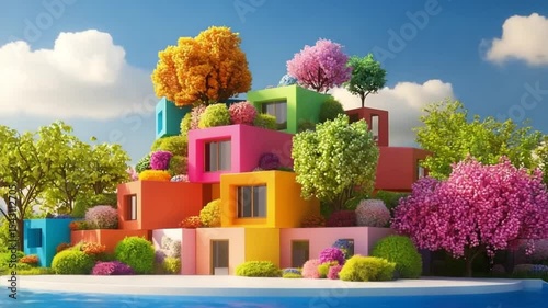 Vibrant hillside houses surrounded by colorful trees and flowers under a clear blue sky