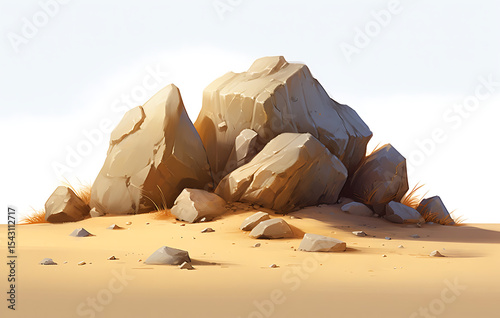 cluster of weathered rocks rests on a sandy expanse, bathed in the soft light of the desert, showcasing the raw beauty of the natural environment.
