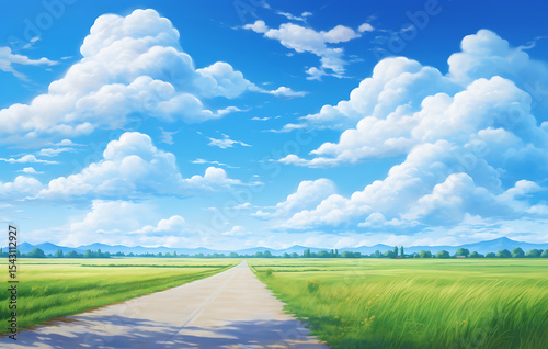 Road to the horizon: An expansive, clear sky filled with fluffy clouds hangs above a straight road disappearing into the horizon. This picturesque view evokes feelings of freedom and travel. 