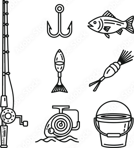 Line-style vector set of fishing rod, hook, fish, bait, reel, and bucke