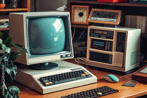 Retro 1980s Computer Setup with Classic Monitor and Keyboard on Desk
