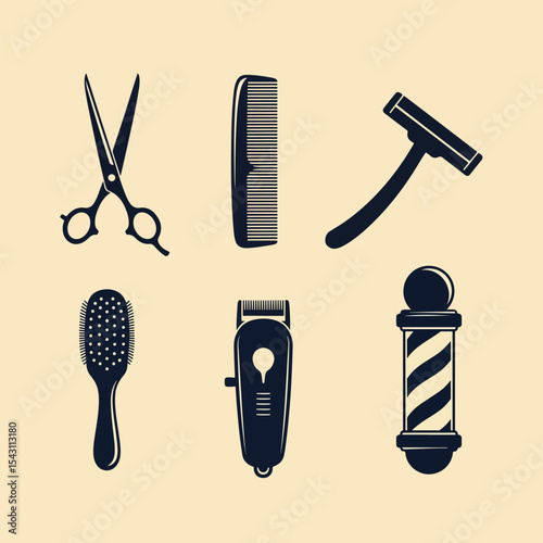  Silhouette icons of scissors, comb, razor, brush, clipper, and barber pole. Classic barbershop theme — great for logo creation
