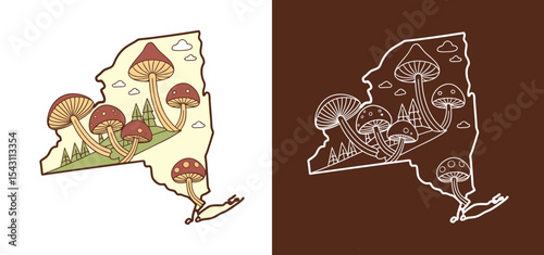 New York State Mushroom Forest Map Illustration