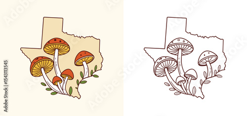Texas State Mushroom Forest Map Illustration