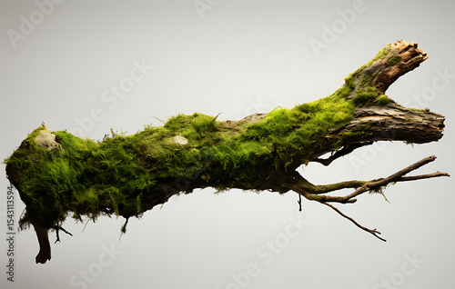 Ancient Branch with Moss: A captivating image of an aged tree branch, adorned with vibrant green moss, set against a subtle, dark backdrop.