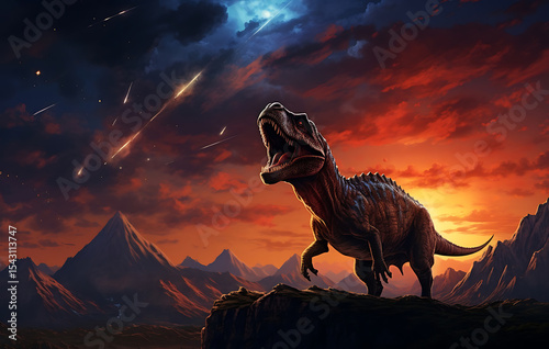 Dinosaur Extinction Event: A fearsome Tyrannosaurus Rex stands defiantly against a fiery sunset, meteors streaking across the sky, depicting the dramatic extinction event. 