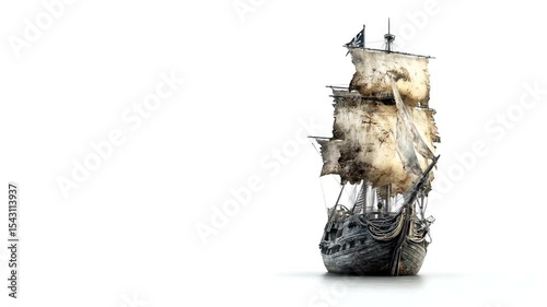 A detailed view of a weathered pirate ship sailing against a stark white background, evoking adventure