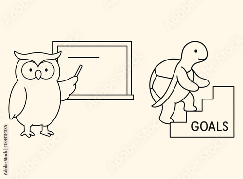 Cute Animal Motivation Owl Teacher and Turtle Reaching Goals Line Art