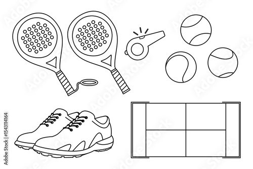 padel sports equipment design set. racket, ball, shoes and court. outline style.