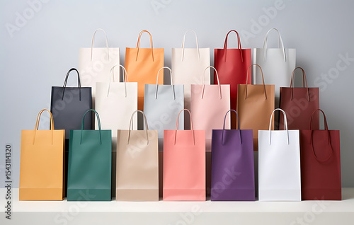 Colorful Shopping Bags: A row of vibrant shopping bags in an array of bright colors with sturdy handles. showcasing the appeal of retail therapy and the joy of shopping.