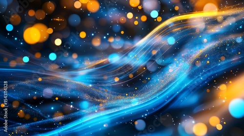 An abstract background with flowing wavy lines and glowing blue and yellow dots The glossy finish and bokeh lights add depth and elegance perfect for technology-inspired visuals 