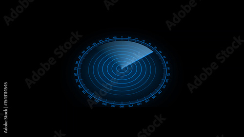 Futuristic Blue Radar Screen Display on Black Background with Circular Waves and Angle Markings blue