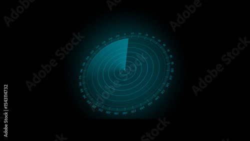 Futuristic Radar Screen Displaying Circular Waves and Directional Degrees in Teal on Black Background teal