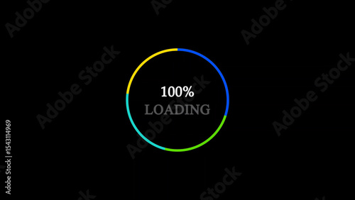 Colorful Loading Circle with 100 Percent Completion on a Black Background circular loading indicator displays