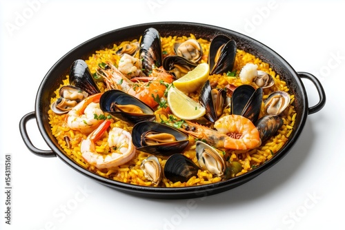 Delicious seafood paella featuring shrimp, mussels, clams, and squid served on saffron rice with fresh lemon slices