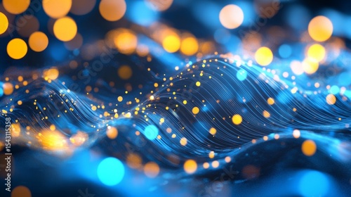 An abstract digital illustration featuring glowing light blue and yellow dots on wavy lines forming an elegant wave pattern The glossy effect and bokeh lights add a dynamic touch