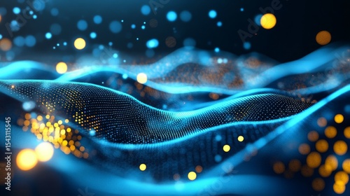 An abstract digital illustration featuring glowing light blue and yellow dots on wavy lines forming an elegant wave pattern The glossy effect and bokeh lights add a dynamic touch
