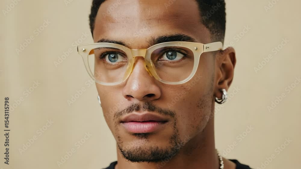 African American man with glasses looks into the distance, earring details African American man with glasses looks into the distance, earring details