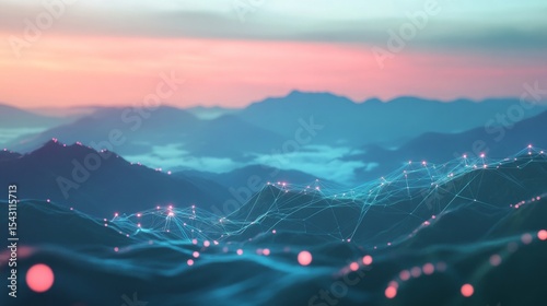 Captivating abstract background showcasing glowing lines and digital connections that represent the power of technology in a network or data transfer concept Soft focus blurs the mountain landscape