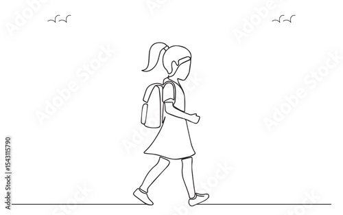 Hand Drawn Line Art of a Young Girl with a Backpack Walking to School, Featuring a Minimalistic and Clean Design