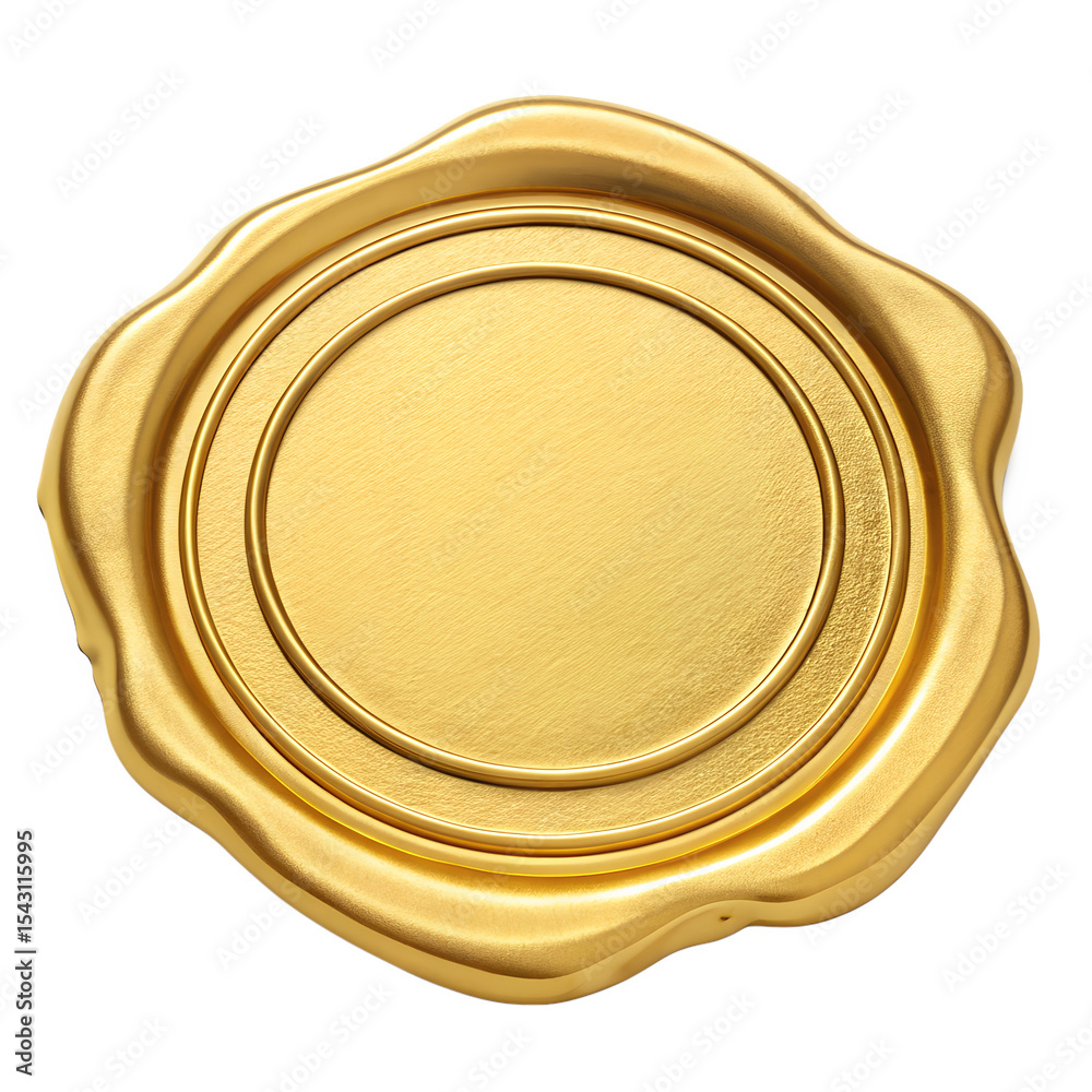 A digital illustration of a golden wax seal with a slightly irregular, melted edge. It features two concentric circular raised borders in the center, and its surface has a subtle brushed. A digital illustration of a golden wax seal with a slightly irregular, melted edge. It features two concentric circular raised borders in the center, and its surface has a subtle brushed.
