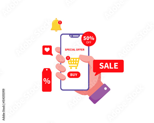 Hand displaying a 50% off sale on a phone screen. Perfect for promoting discounts, sales, ecommerce, online shopping, and marketing materials.