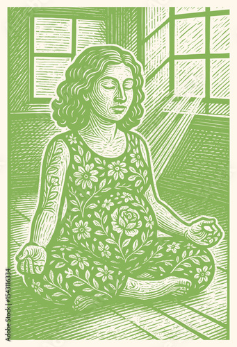 Green Pregnant Woman Meditating in Sunlit Room – Woodcut Engraving Brush Style Illustration Set, Vintage Postage Stamp Card Design, Mindful Maternity Relaxation Concept