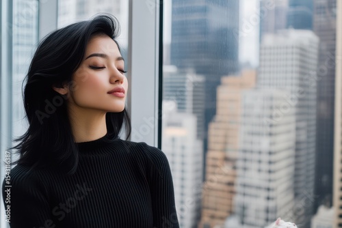 Inner Peace in the City: A young woman finds tranquility by a city window, where the bustling metropolis and tranquil beauty combine in a moment of calm. Free Download Inner Peace in the City: A young woman finds tranquility by a city window, where the bustling metropolis and tranquil beauty combine in a moment of calm. - GFXLoad